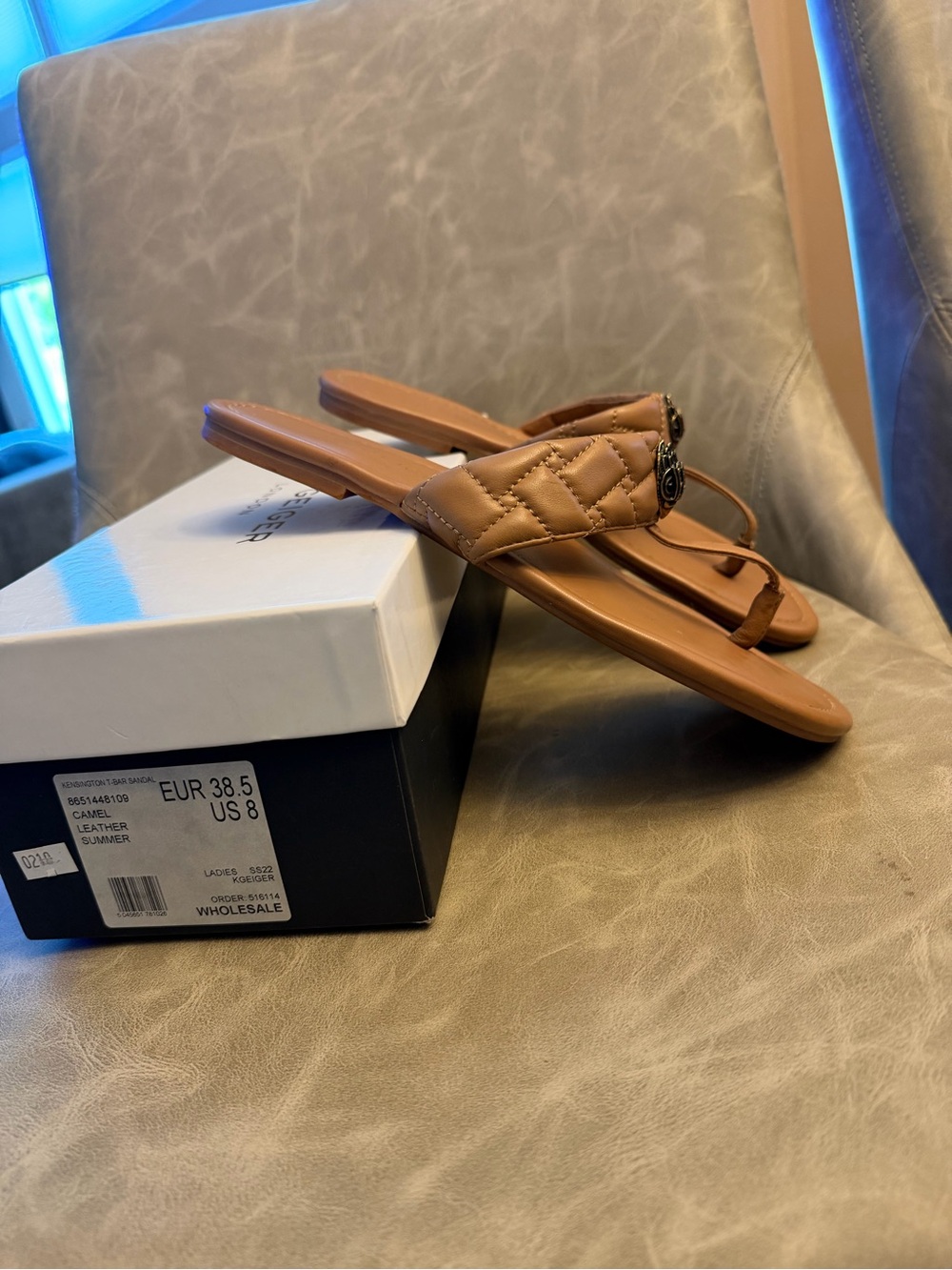 Kurt Geiger Kensington Quilted Leather T-Bar Sandals - Camel - Picture 3 of 5